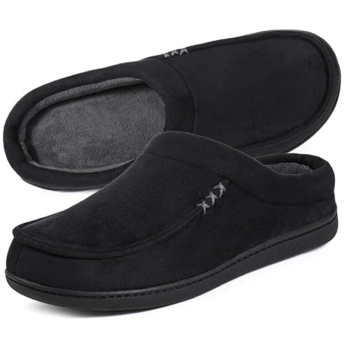 ULTRAIDEAS Men's House Slippers, Indoor Outdoor House Shoes with Non-slip Rubber Sole, Summer Breathable Cotton Blend & Winter Warm Fuzzy Moccasin Slippers, Machine Washable Memory Foam, Gift for Father(Black,9-10) - Image 1