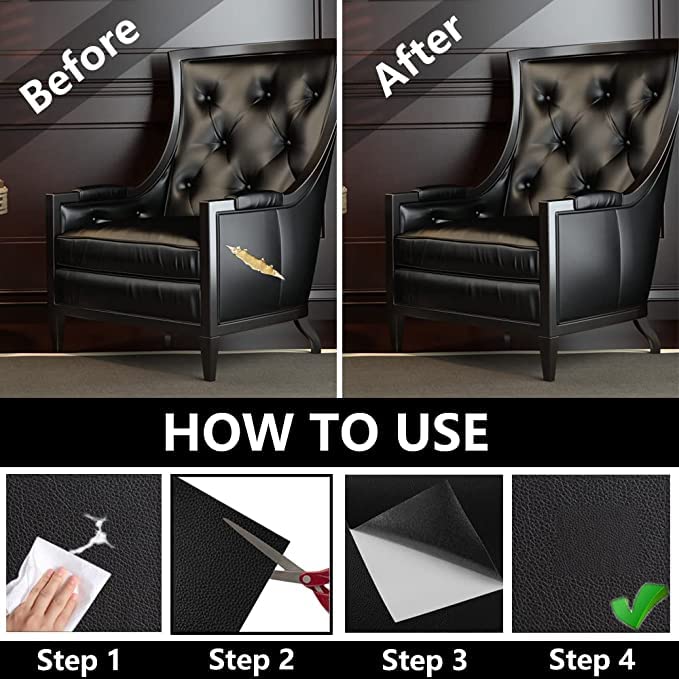 HOME13™ Black Leather Patch Self-Adhesive Leather Repair Patch for Sofas, Couch, Furniture, Drivers Seat (4 x 8 inch, 8 Pieces) - Image 3