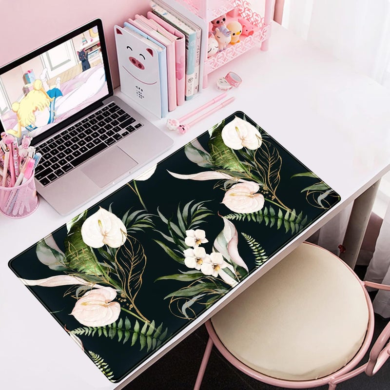 Mechanical Cattle Desk Mat Black and Gold White Rose Flowers Decor Large Keyboard Mouse Pad for Laptop Pc Setup Desk Cover Protector Desk DéCor for Office Home Work Gaming 31.5" X 15.7" Stitched Edge Non-Slip Design - Image 5
