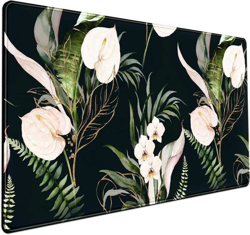 Mechanical Cattle Desk Mat Black and Gold White Rose Flowers Decor Large Keyboard Mouse Pad for Laptop Pc Setup Desk Cover Protector Desk DéCor for Office Home Work Gaming 31.5" X 15.7" Stitched Edge Non-Slip Design - Image 1