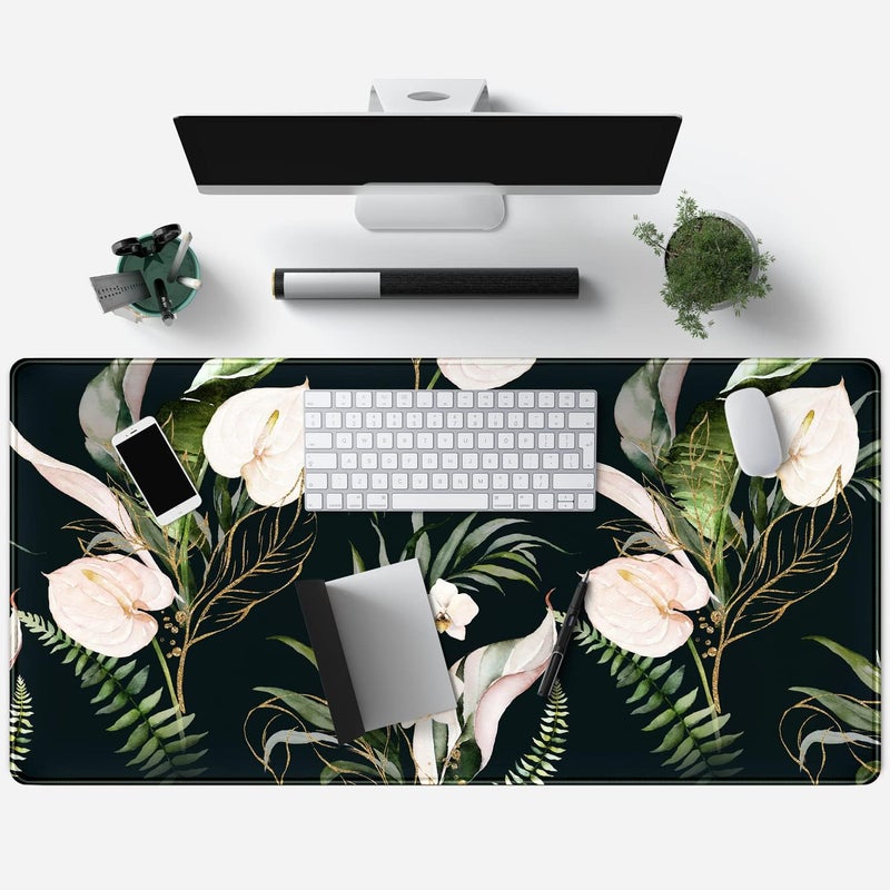 Mechanical Cattle Desk Mat Black and Gold White Rose Flowers Decor Large Keyboard Mouse Pad for Laptop Pc Setup Desk Cover Protector Desk DéCor for Office Home Work Gaming 31.5" X 15.7" Stitched Edge Non-Slip Design - Image 4