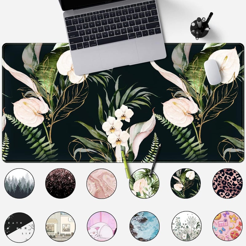 Mechanical Cattle Desk Mat Black and Gold White Rose Flowers Decor Large Keyboard Mouse Pad for Laptop Pc Setup Desk Cover Protector Desk DéCor for Office Home Work Gaming 31.5" X 15.7" Stitched Edge Non-Slip Design - Image 2