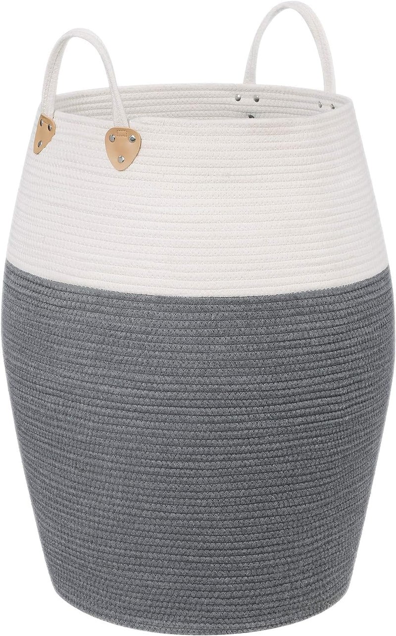 MIXEN Extra Large Woven Laundry Basket with Sturdy Cotton Rope Handles for Clothes and Toys in Bedroom Nursery Bathroom Collapsible Grey - Image 1