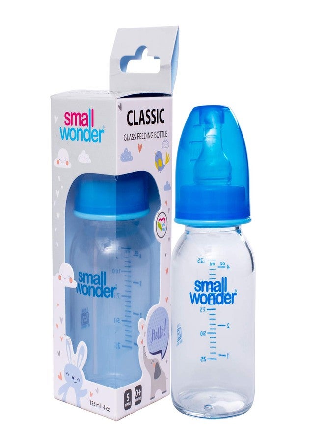 SMALL WONDER زجاجة رضاعة أطفال من زجاج البوروسيليكات من سمول وندر - 125 مل، عبوة من قطعة واحدة | خالية تمامًا من مادة BPA وحلمة سيليكون مضادة للمغص | رضاعة آمنة ومريحة للرضع، لون أزرق - Image 1