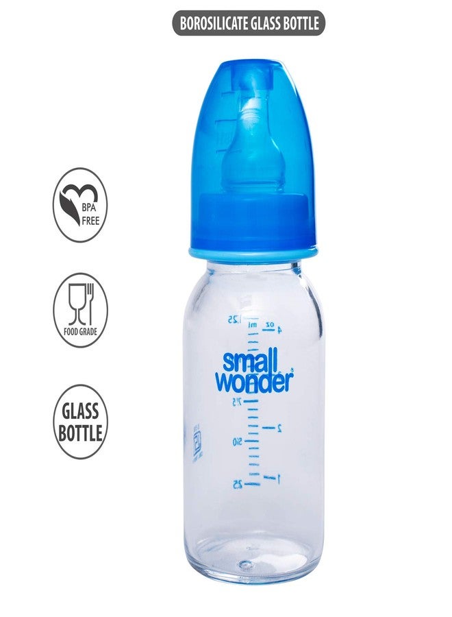 SMALL WONDER زجاجة رضاعة أطفال من زجاج البوروسيليكات من سمول وندر - 125 مل، عبوة من قطعة واحدة | خالية تمامًا من مادة BPA وحلمة سيليكون مضادة للمغص | رضاعة آمنة ومريحة للرضع، لون أزرق - Image 3