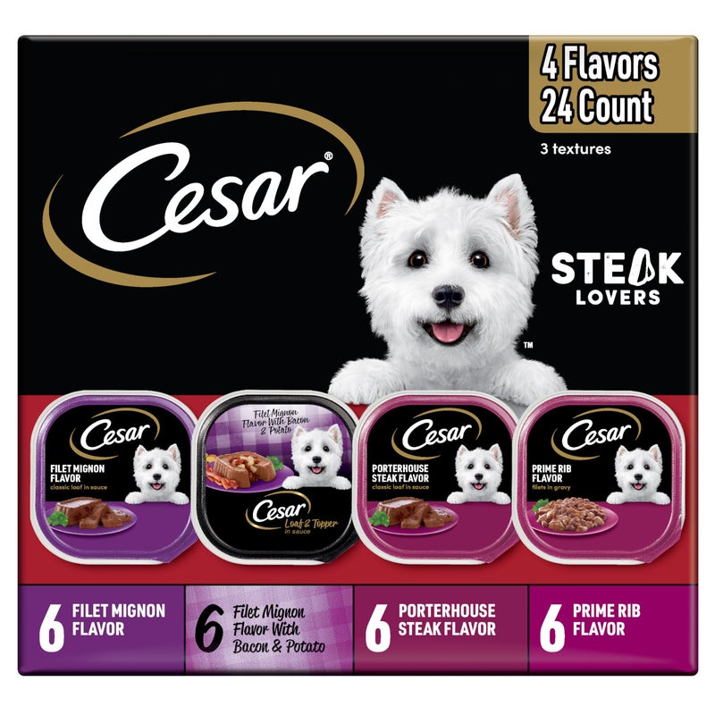 Cesar Wet Dog Food Steak Lovers Variety Pack, Adult, Wet Food for Dogs with Real Meat, 3.5 oz Easy Peel Trays, 24 Count - Image 1