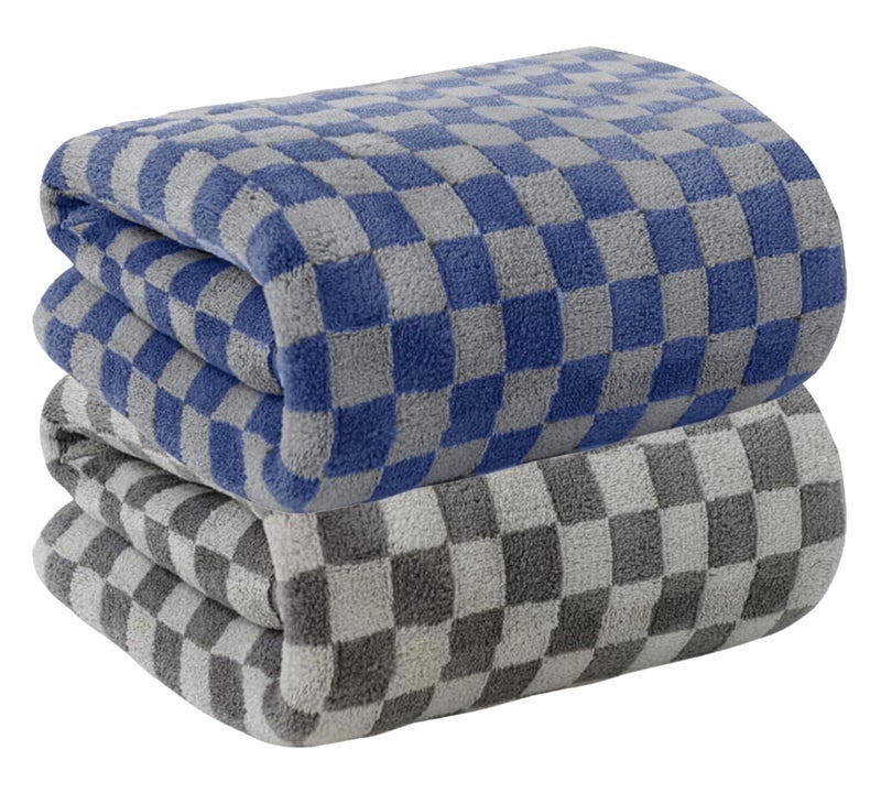 MAXOSHINE Microfiber Towels for Bath-Checkered Bath Towel for Men and Women-Soft Coral Fleece Towel with Hook Quick Dry Super Absorbent-70 x 140 cm (Grey/Dark Blue, 2 Bath Towels Combo) - Image 1