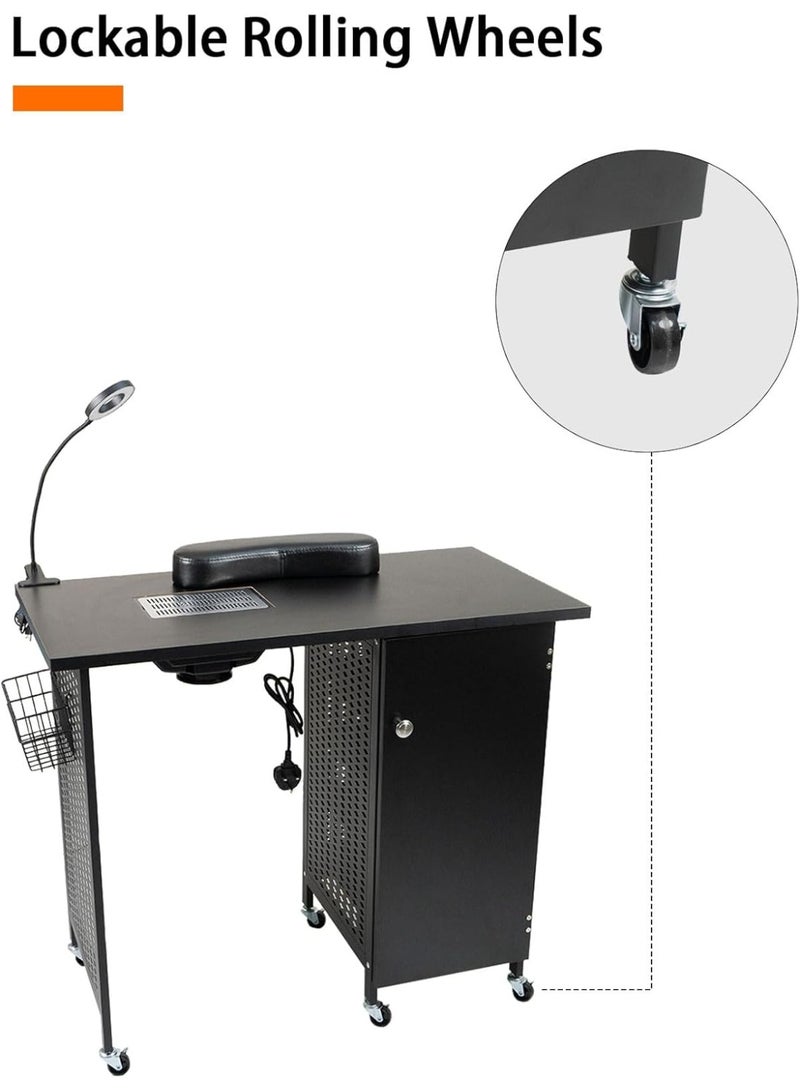 Meishida Manicure Nail Desk Table, Nail Beauty Salon Workstation with Dust Collector,4 Drawers Cabinet with Key,Lockable Casters,Side Basket,Clip-On LED Lamp,Wrist Rest,Steel Frame Nail Table - Black  - Image 3