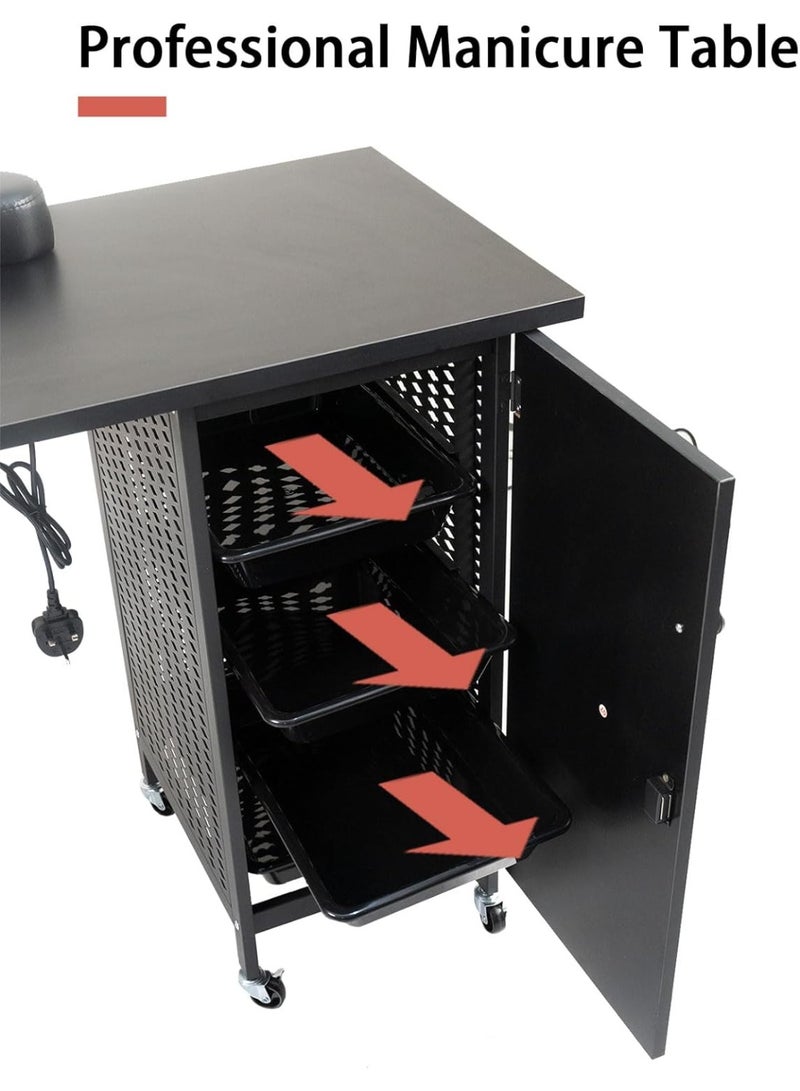 Meishida Manicure Nail Desk Table, Nail Beauty Salon Workstation with Dust Collector,4 Drawers Cabinet with Key,Lockable Casters,Side Basket,Clip-On LED Lamp,Wrist Rest,Steel Frame Nail Table - Black  - Image 2