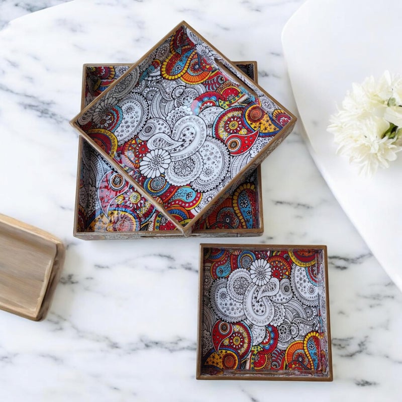MADARKS Pack of 3 Decorative Multicolor Paisley Pattern MDF Trays, for Dinning Table, Home & Office Multipurpose Use - Image 4