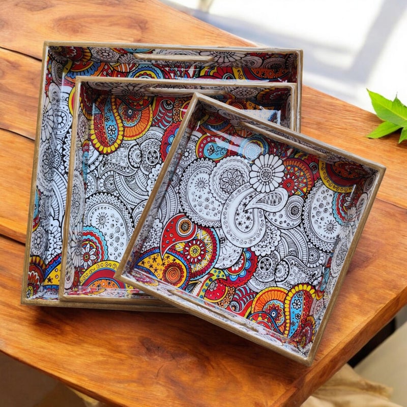 MADARKS Pack of 3 Decorative Multicolor Paisley Pattern MDF Trays, for Dinning Table, Home & Office Multipurpose Use - Image 3