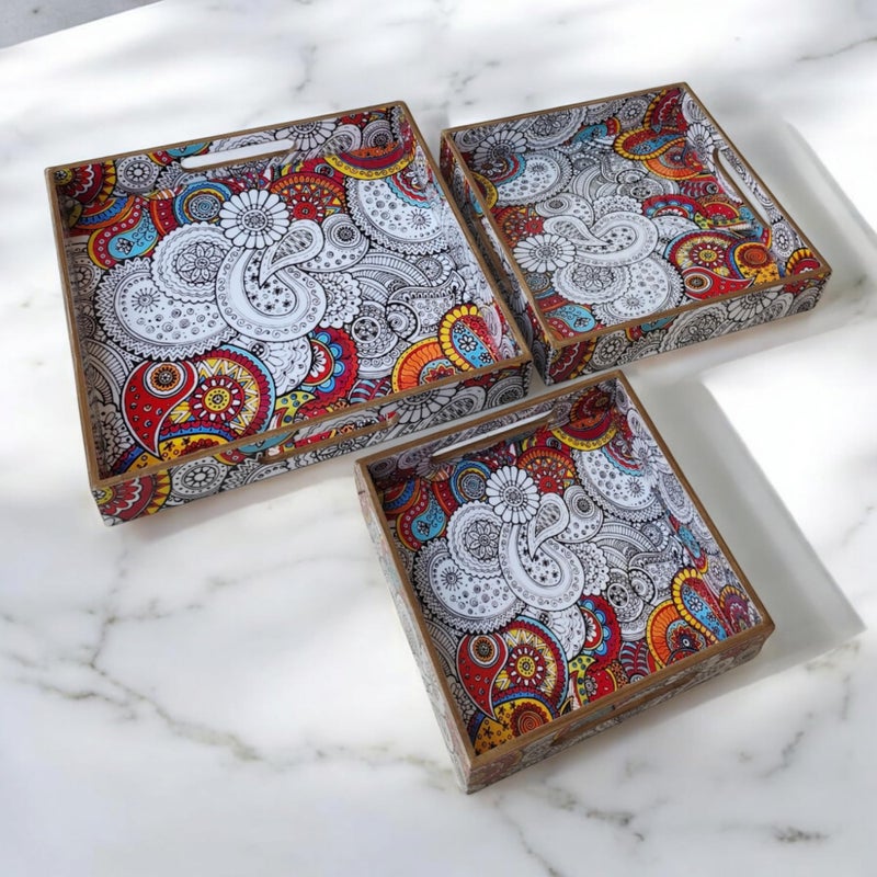 MADARKS Pack of 3 Decorative Multicolor Paisley Pattern MDF Trays, for Dinning Table, Home & Office Multipurpose Use - Image 5