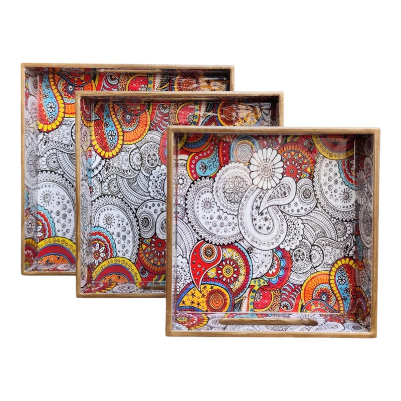 MADARKS Pack of 3 Decorative Multicolor Paisley Pattern MDF Trays, for Dinning Table, Home & Office Multipurpose Use - Image 2