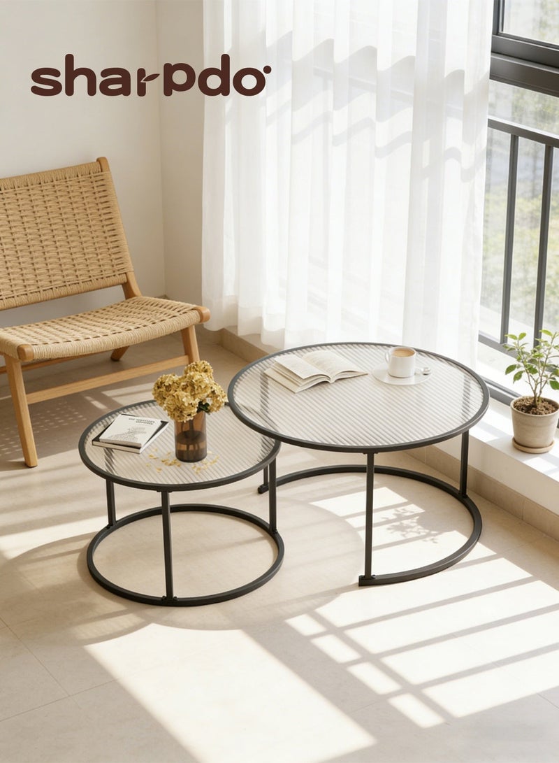 Sharpdo Coffee Tables End Tables with Creative Transparent Glass Desktop 2 Round Nesting Table Set for Living Room 60x60x45cm and 45x45x40cm - Image 1