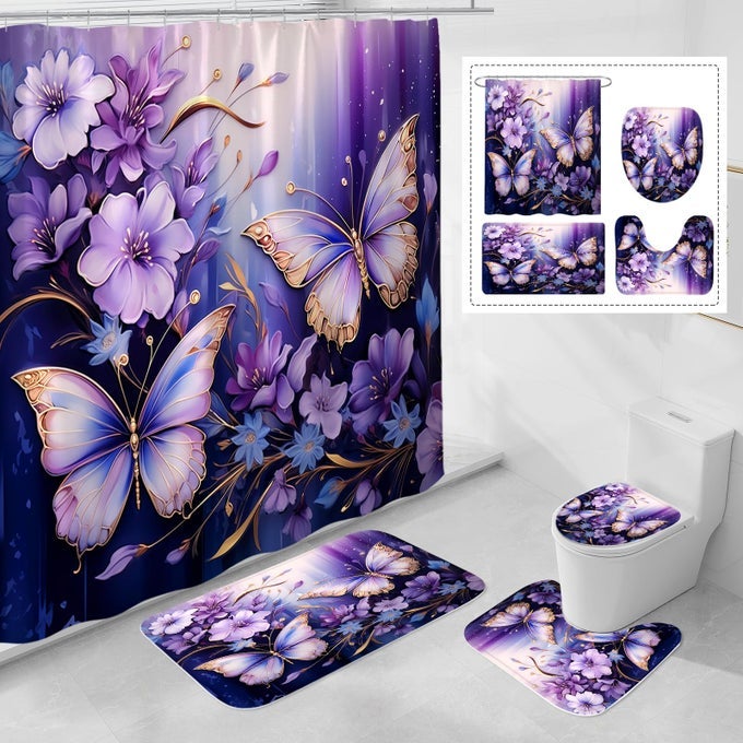 4 PCS PURPLE FLORAL BUTTERFLY SHOWER CURTAIN SET WITH NONSLIP RUGS MODERN TOILET LID COVER AND BATH MAT ELEGANT BATHROOM DECOR SET WITH SHOWER CURTAIN AND RUGSHOOKS NOT INCLUDED