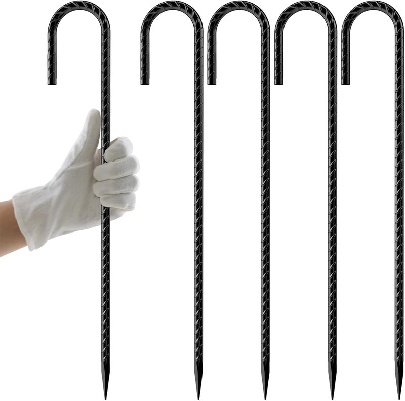 AAGUT Rebar Stakes 12 Inch 5 Pack, J Hook Premium Black Coated Ground Garden Anchors Heavy Duty, Superior Rust Resistance Chain Link Fence Stakes for Camping Tent, Inflatables, Lawn Decor - Image 1