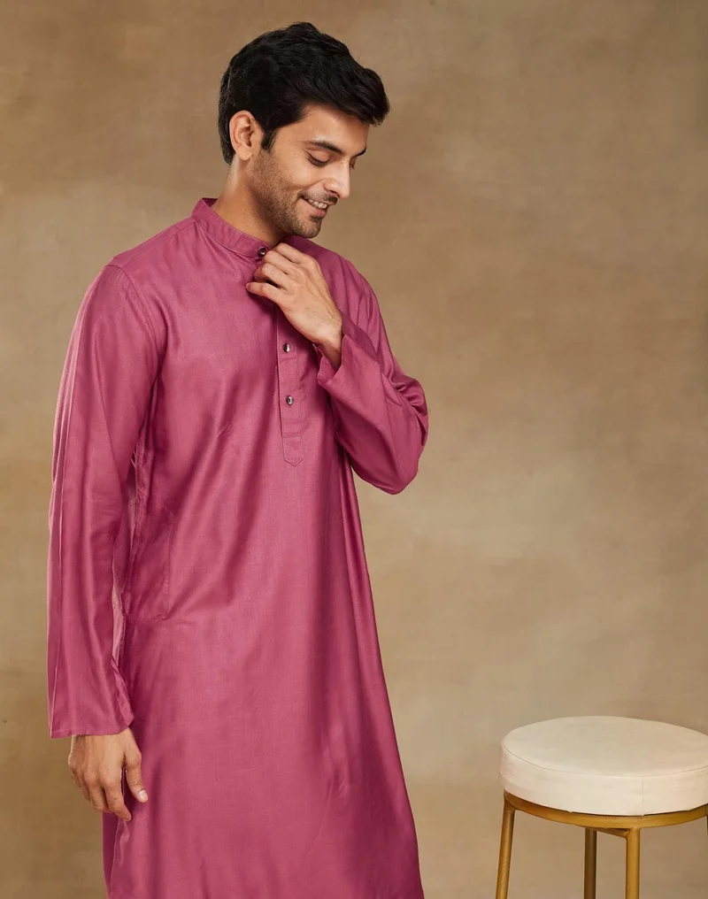 Fabindia Pink Viscose Silk Slim Fit Long Kurta