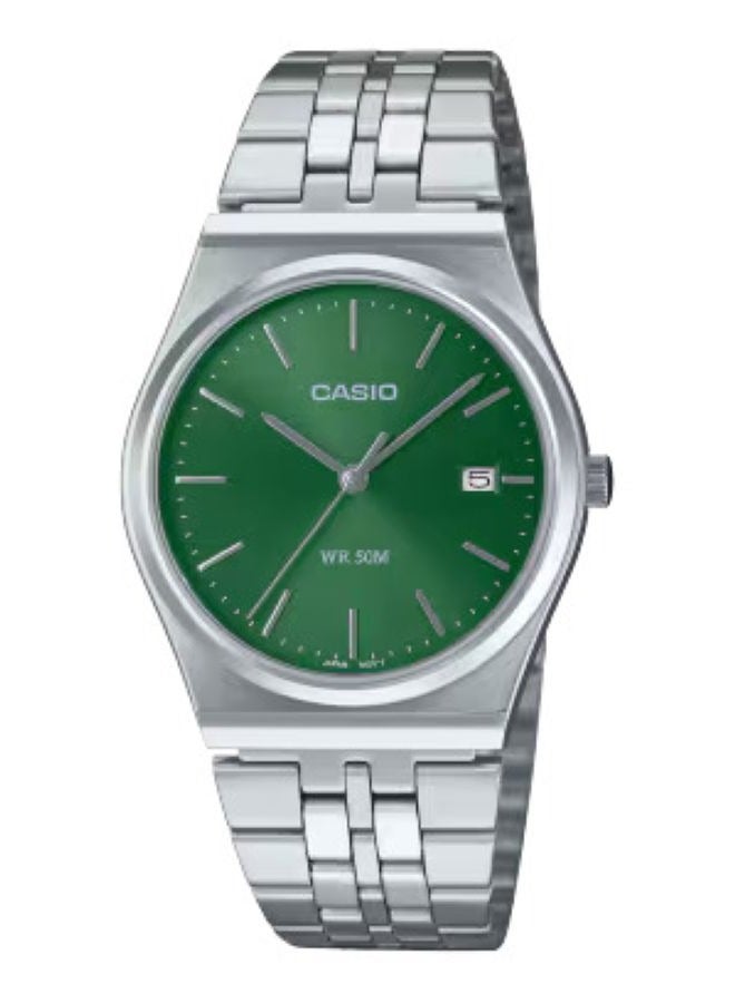 Casio MTP-B145D-3AVDF Men’s Analog Watch – Stainless Steel Silver Band, Green Dial, Date Display, Water Resistant, Casual & Formal Wristwatch