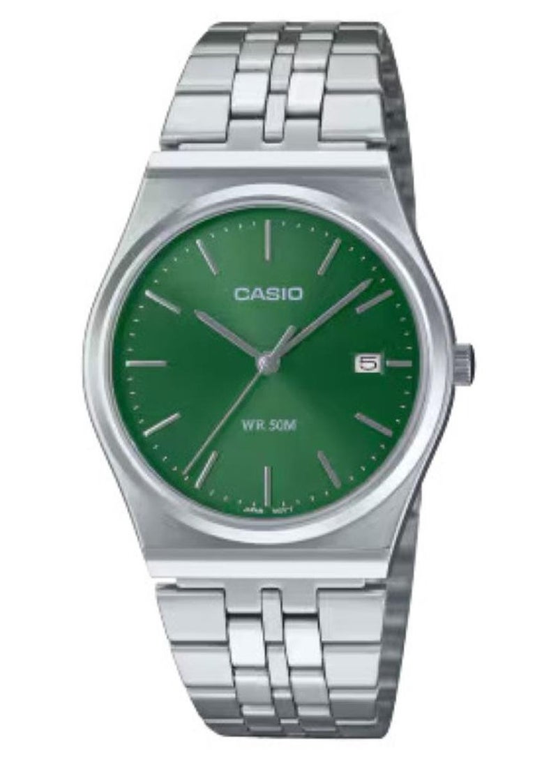 Casio MTP-B145D-3AVDF Men’s Analog Watch – Stainless Steel Silver Band, Green Dial, Date Display, Water Resistant, Casual & Formal Wristwatch