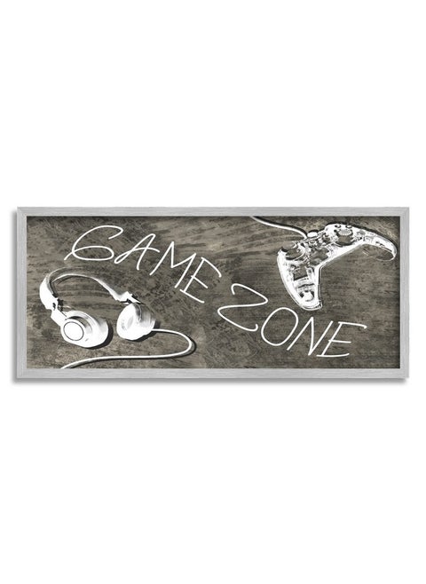 Zone Phrase Music Headset Video Game Controller, Designed By Daphne Polselli Gray Framed Wall Art, 24 X 10, White