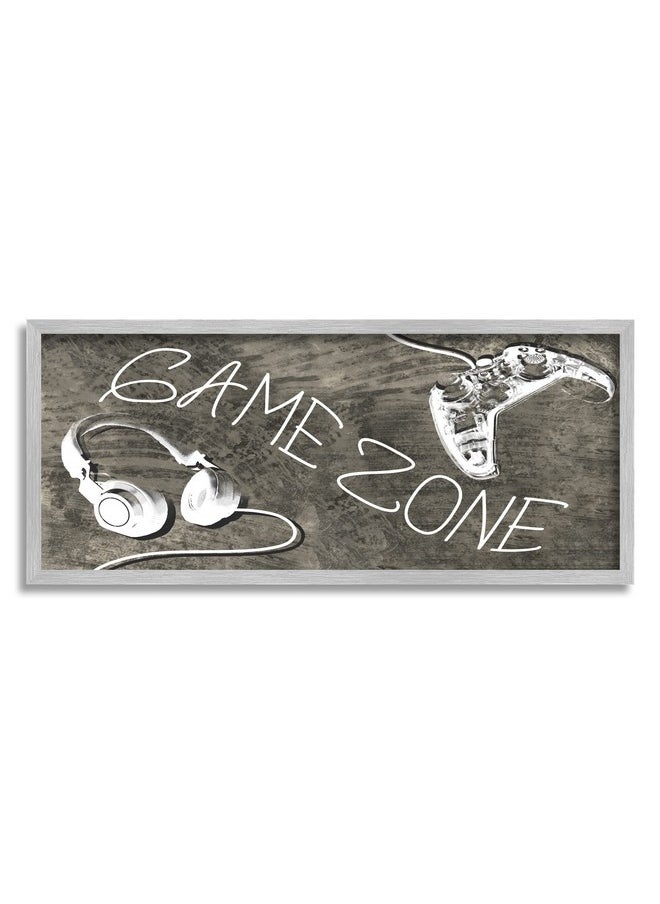 Stupell Industries - Zone Phrase Music Headset Video Game Controller, Designed By Daphne Polselli Gray Framed Wall Art, 24 X 10, White - Image 1