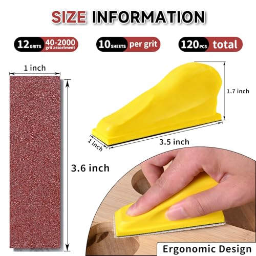 Shineboc 120 PCS Micro Sander Kit, Detail & Mini Hand Sanding Block, 40–2000 Grit Aluminum Oxide Sandpaper Assortment for Wood, Crafts, Tight Spaces and DIY Projects - Image 2