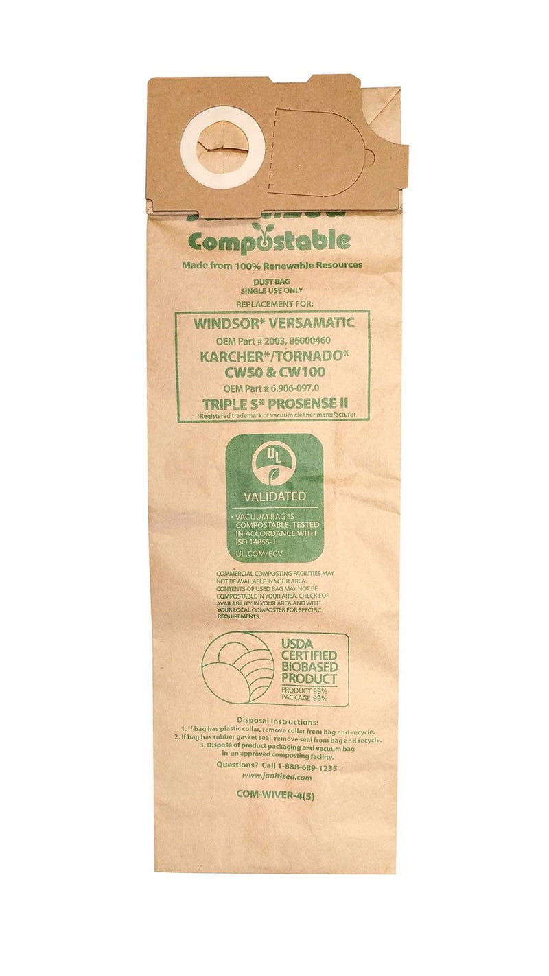 Janitized COM-Wiver-4(5) Compostable Paper Premium Replacement Commercial Vacuum Bag for Windsor Versamatic, Karcher/Tornado Models: CW50 & CW100, Triple S Prosense II Vacuums (Pack of 5) - Image 3
