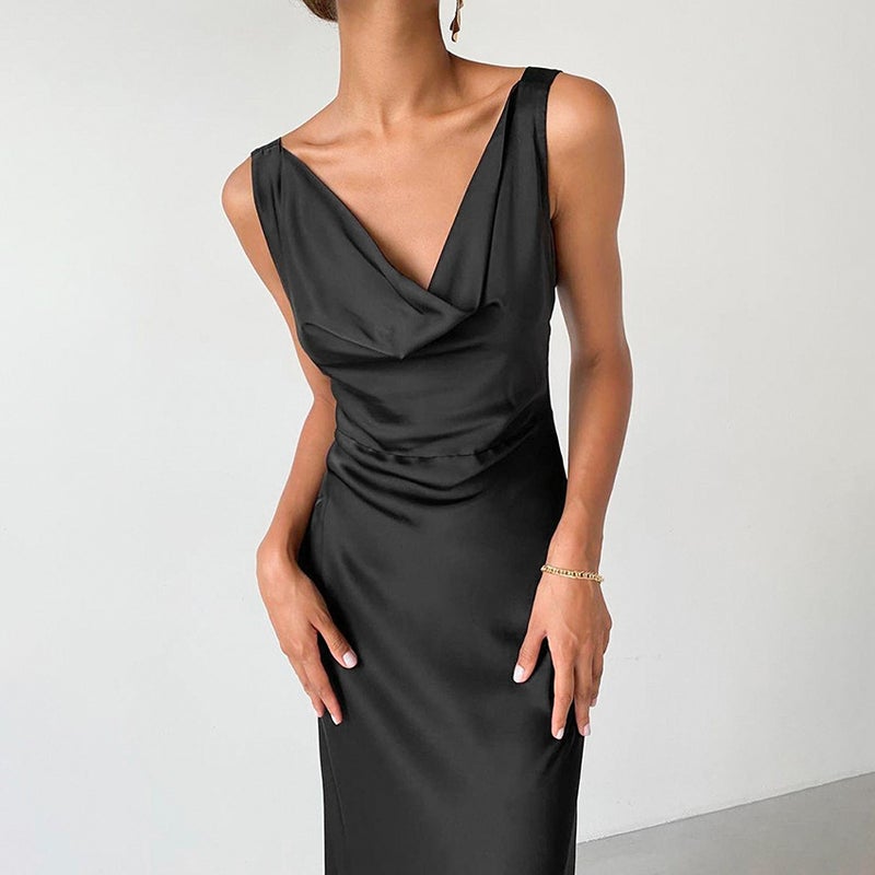 Black Satin Cowl Neck Bodycon Maxi Dress - Image 3