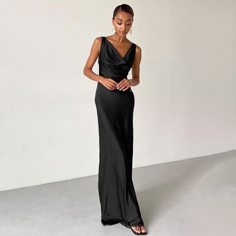 Black Satin Cowl Neck Bodycon Maxi Dress - Image 1