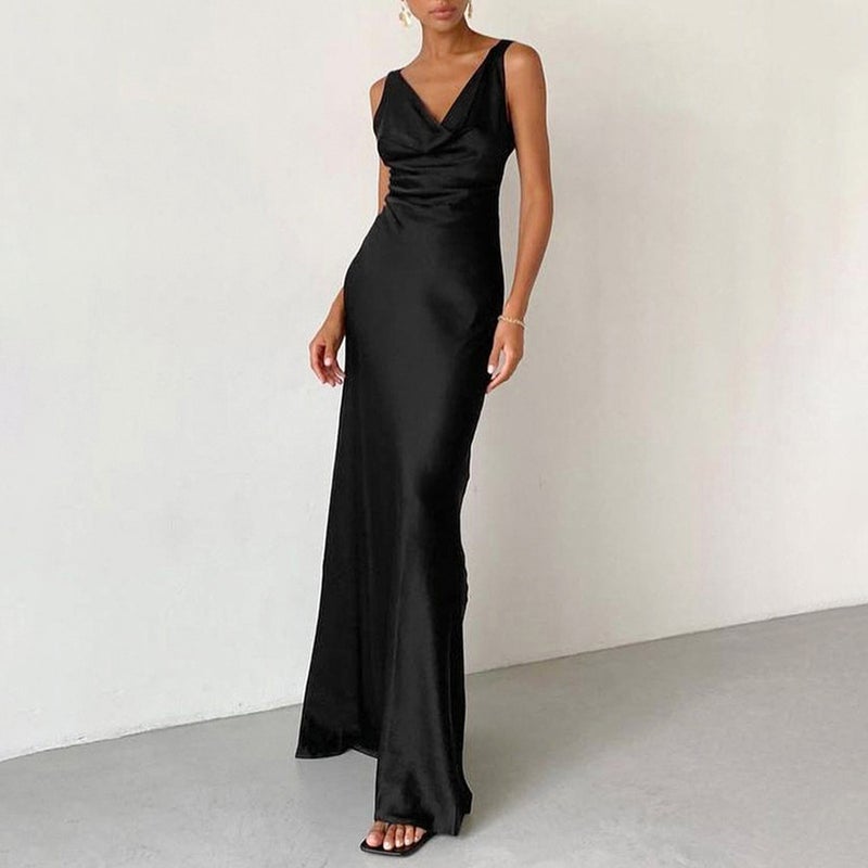 Black Satin Cowl Neck Bodycon Maxi Dress - Image 2