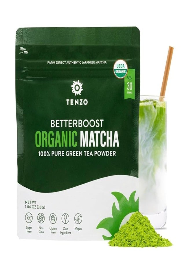 Tenzo Tea مسحوق شاي ماتشا الأخضر من تينزو - درجة ممتازة عضوية معتمدة من وزارة الزراعة الأمريكية - شاي ماتشا ياباني أصيل - مسحوق لاتيه - بيتربوست (1.06 أونصة) - Image 1