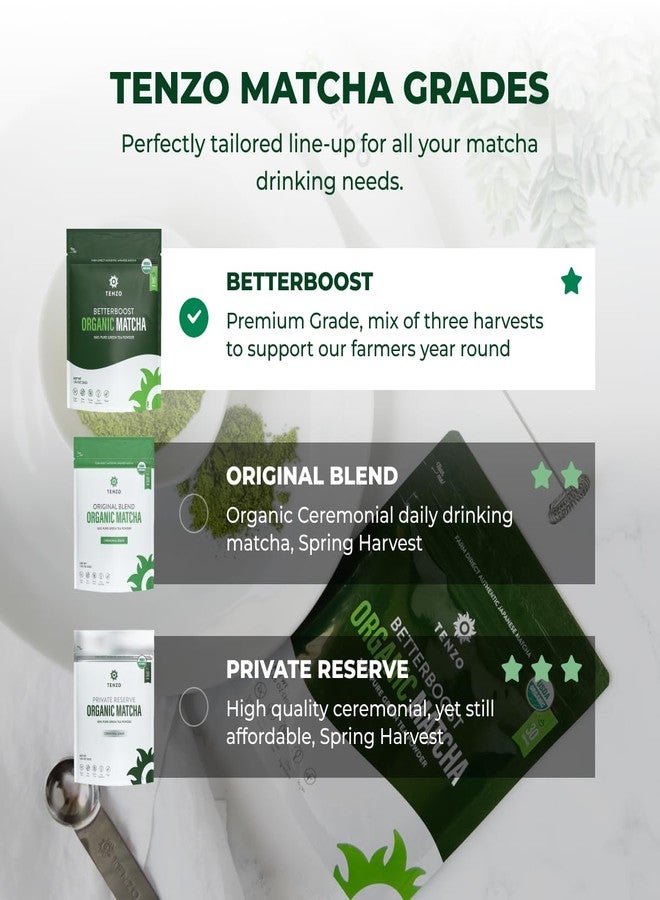 Tenzo Tea مسحوق شاي ماتشا الأخضر من تينزو - درجة ممتازة عضوية معتمدة من وزارة الزراعة الأمريكية - شاي ماتشا ياباني أصيل - مسحوق لاتيه - بيتربوست (1.06 أونصة) - Image 2