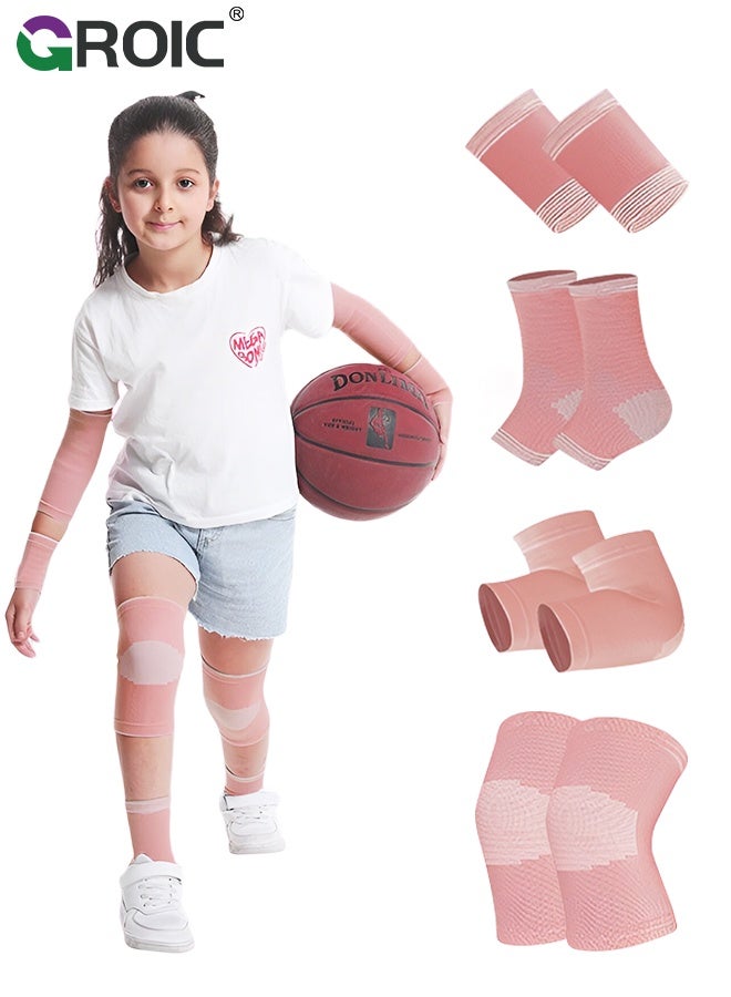 GROIC 8 Pcs Elbow And Knee Sleeves for Kids, Kids Protective Gear Set, Toddler Knee Elbow Ankle Wrist Support Braces, Ankle Pads and Wrist Pads for Volleyball Basketball Football Cycling Sports - Pink - Image 1