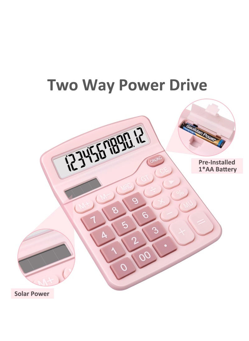 Excefore - 2 Pack Solar Battery Calculators, Standard Functional Desktop Calculators, 12 Digit Extra Large LCD Display, Suitable for Office, Home, School (Blue, Pink) - Image 1