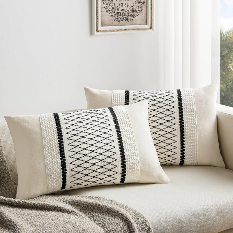 ZeeMart 2 Packs Cotton Boho Lumbar Throw Pillow Covers 12x20 Inch Grid Black  Soft Farmhouse Decorative Couch Pillow Cases Black Cushion Covers for Sofa Bed Living Room Home Decor - Image 1