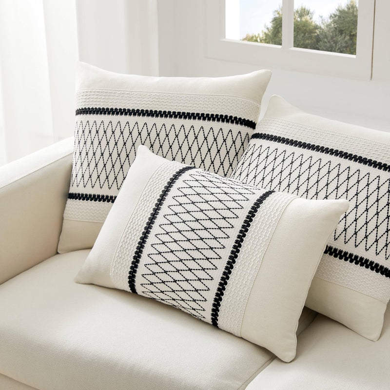 ZeeMart 2 Packs Cotton Boho Lumbar Throw Pillow Covers 12x20 Inch Grid Black  Soft Farmhouse Decorative Couch Pillow Cases Black Cushion Covers for Sofa Bed Living Room Home Decor - Image 5