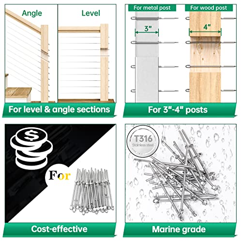 Muzata 60 Pack 1/8" Cable Railing Hardware Kit Hand Swage Threaded Stud Tensioner for 4x4 2x2 Wood Metal Post T316 Stainless Steel Deck Cable Railing System CR39 - Image 3