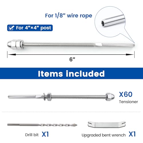 Muzata 60 Pack 1/8" Cable Railing Hardware Kit Hand Swage Threaded Stud Tensioner for 4x4 2x2 Wood Metal Post T316 Stainless Steel Deck Cable Railing System CR39 - Image 2