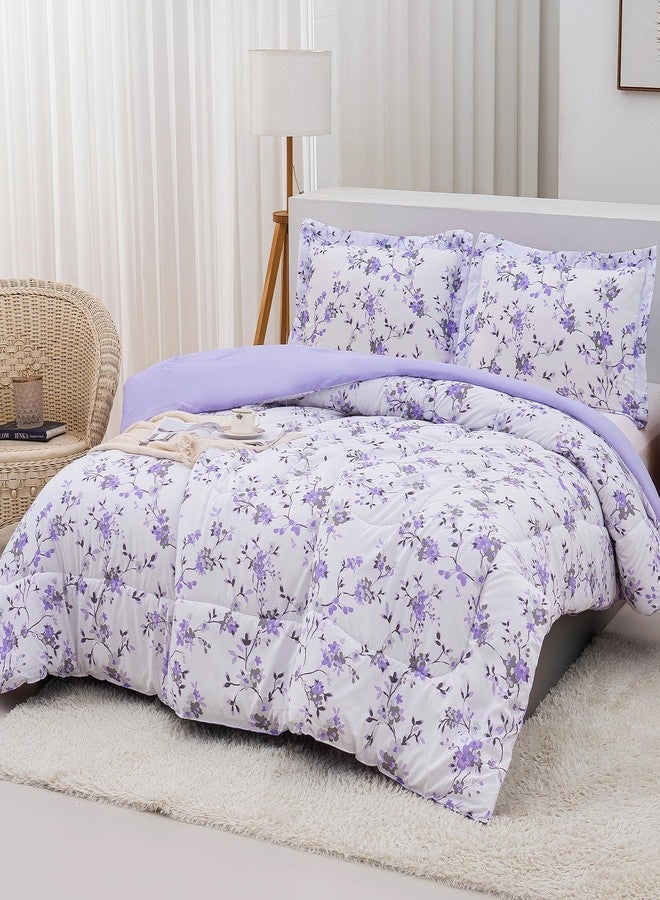 Mooreeke Floral Twin Size Comforter Sets, Lightweight Purple Lavender Botanical Printed Bedding for All Seasons, 2-Piece Vintage Bed in a Bag with Fluffy Quilted Reversible Comforter & Pillow Sham - Image 5