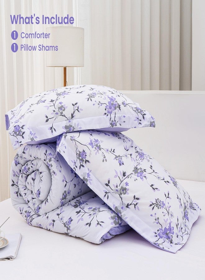 Mooreeke Floral Twin Size Comforter Sets, Lightweight Purple Lavender Botanical Printed Bedding for All Seasons, 2-Piece Vintage Bed in a Bag with Fluffy Quilted Reversible Comforter & Pillow Sham - Image 4