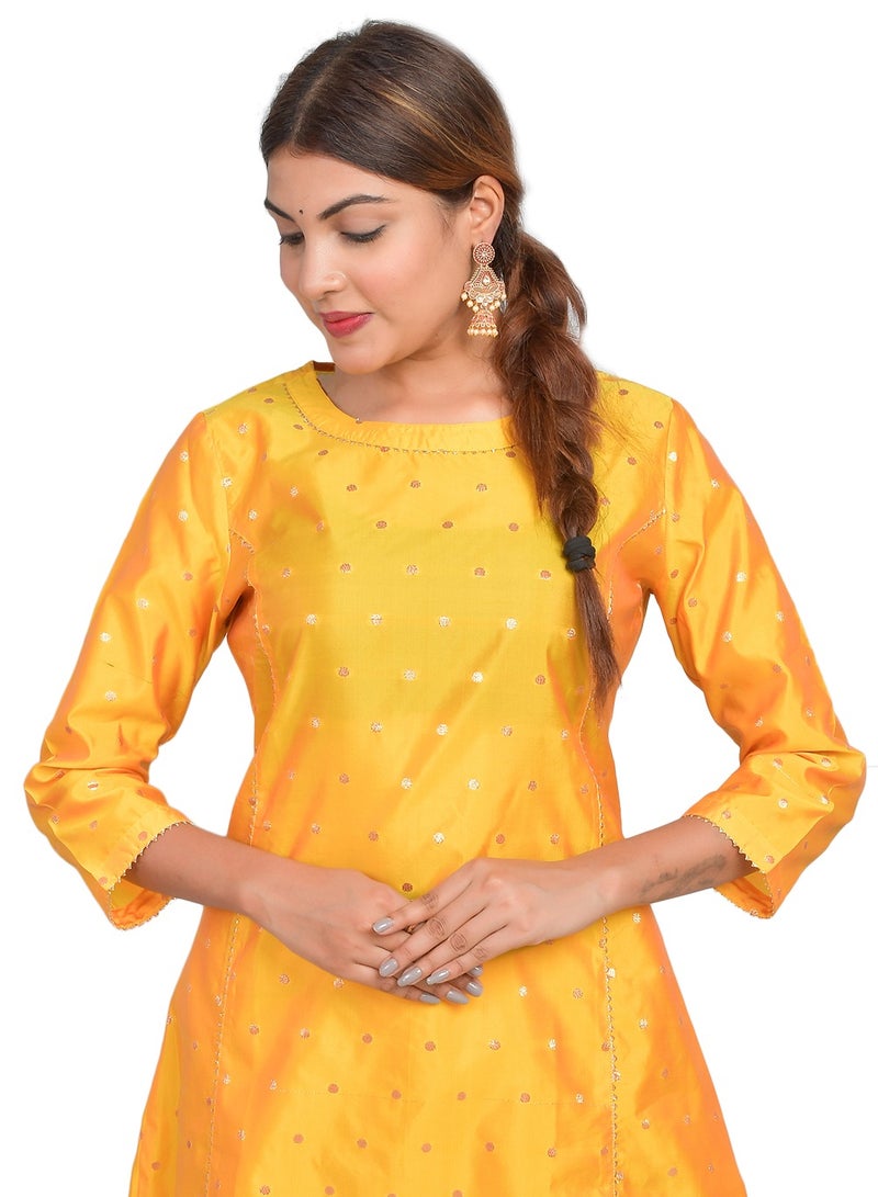 Riara Women Yellow Kurta Pant Art Silk (Taffeta Booty) 3/4 Sleeves Kurti  - Image 3