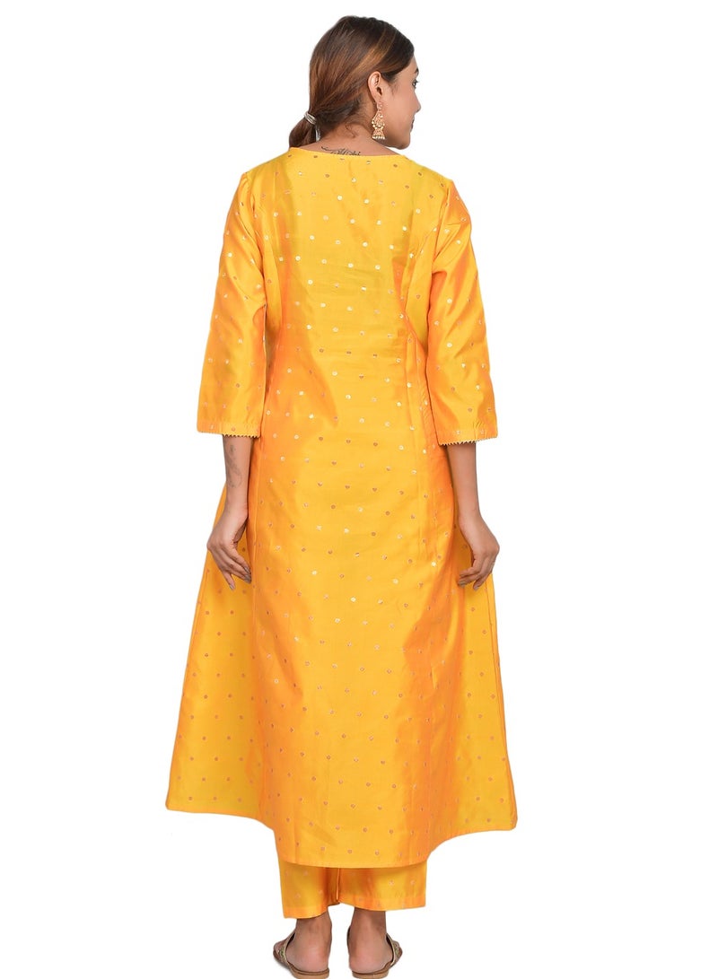 Riara Women Yellow Kurta Pant Art Silk (Taffeta Booty) 3/4 Sleeves Kurti  - Image 4