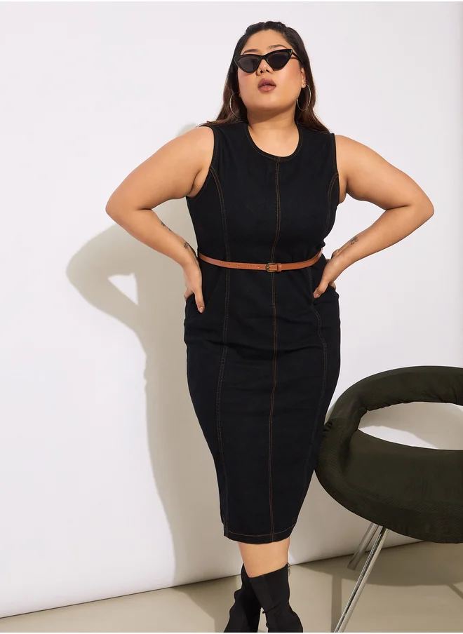 ساسافراس Plus Size Denim Sleeveless Belted Bodycon Midi Dress