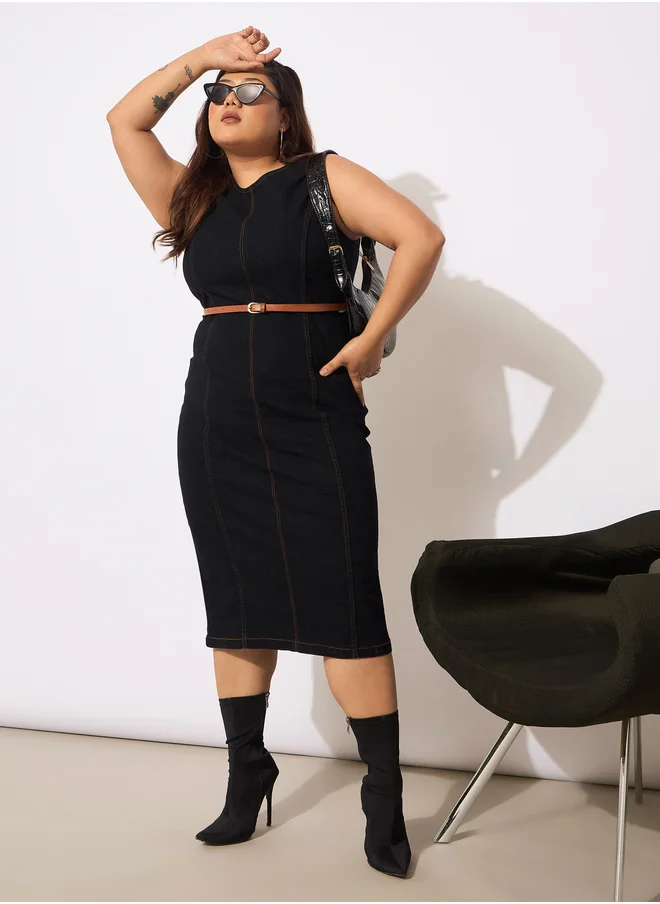 ساسافراس Plus Size Denim Sleeveless Belted Bodycon Midi Dress