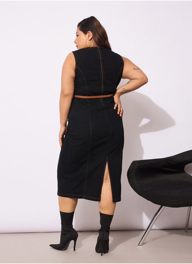SASSAFRAS Plus Size Denim Sleeveless Belted Bodycon Midi Dress  - Image 5