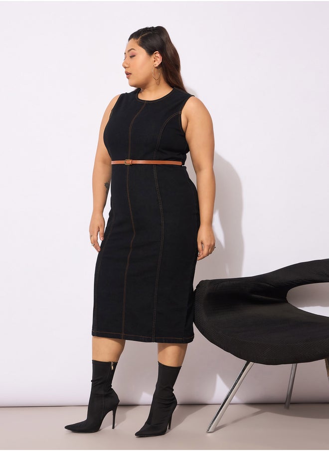 SASSAFRAS Plus Size Denim Sleeveless Belted Bodycon Midi Dress  - Image 3