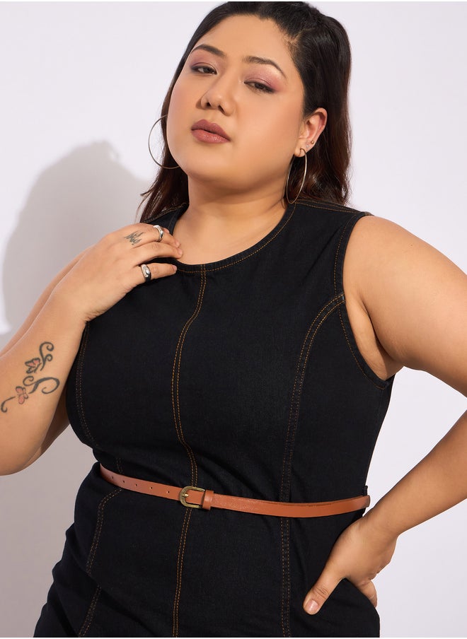 SASSAFRAS Plus Size Denim Sleeveless Belted Bodycon Midi Dress  - Image 4
