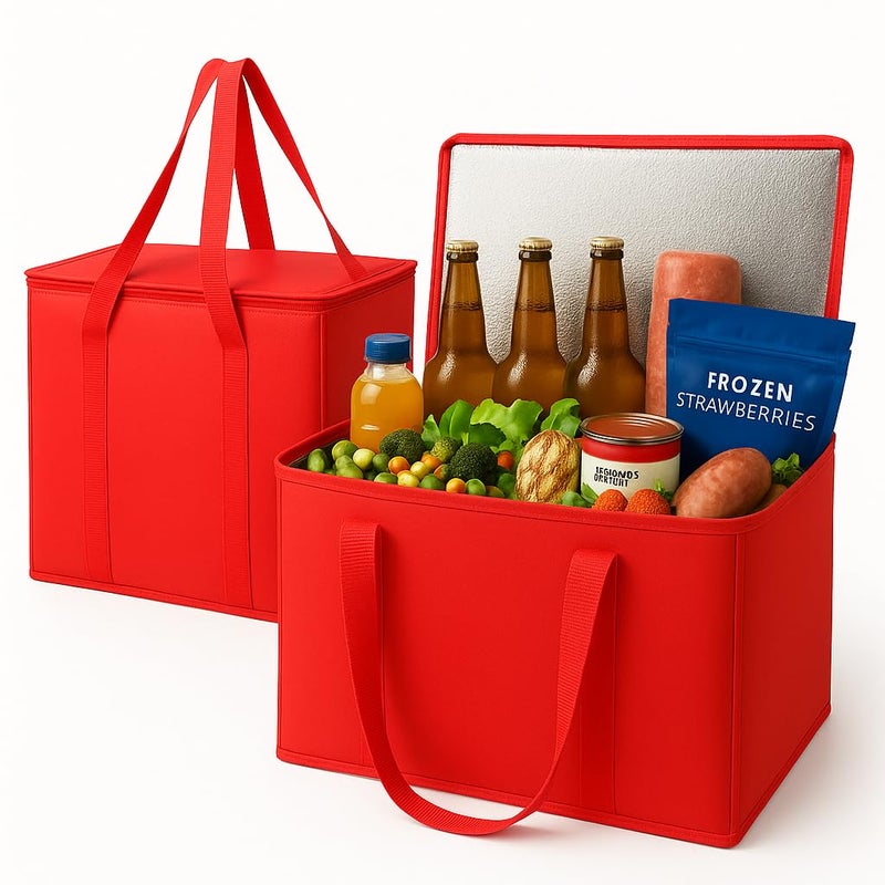 musbus 2-Pack XL-Large Insulated Grocery Shopping Bags, Red, Reusable, Heavy Duty, Zipped Zipper,Collapsible,Tote,Cooler,Groceries,for car,Recycled Material Warm Foldable Bag… - Image 5