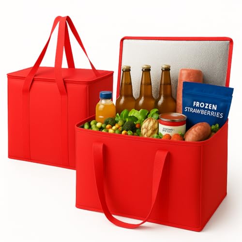 musbus 2-Pack XL-Large Insulated Grocery Shopping Bags, Red, Reusable, Heavy Duty, Zipped Zipper,Collapsible,Tote,Cooler,Groceries,for car,Recycled Material Warm Foldable Bag… - Image 1