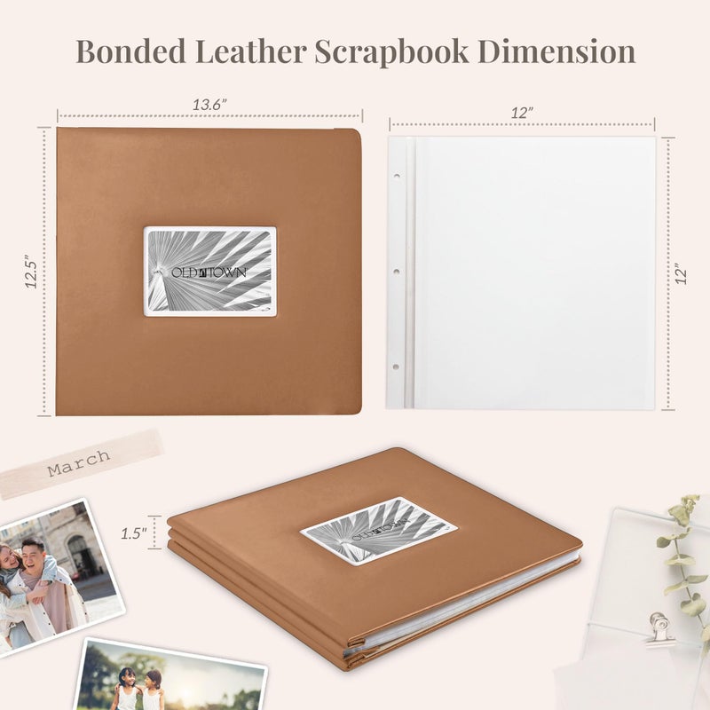 Old Town Bonded Leather Photo Album, Large Leather Scrapbook, Expandable Scrapbook Album 12x12 Double-Sided White Paper Pages and Optically Clear Pockets, Faux Suede Lining, Caramel - Image 5